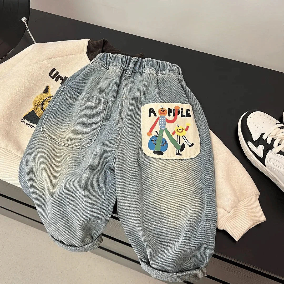 Stijlvolle Kinderjeans Met Elastische Tailleband En Printdetail